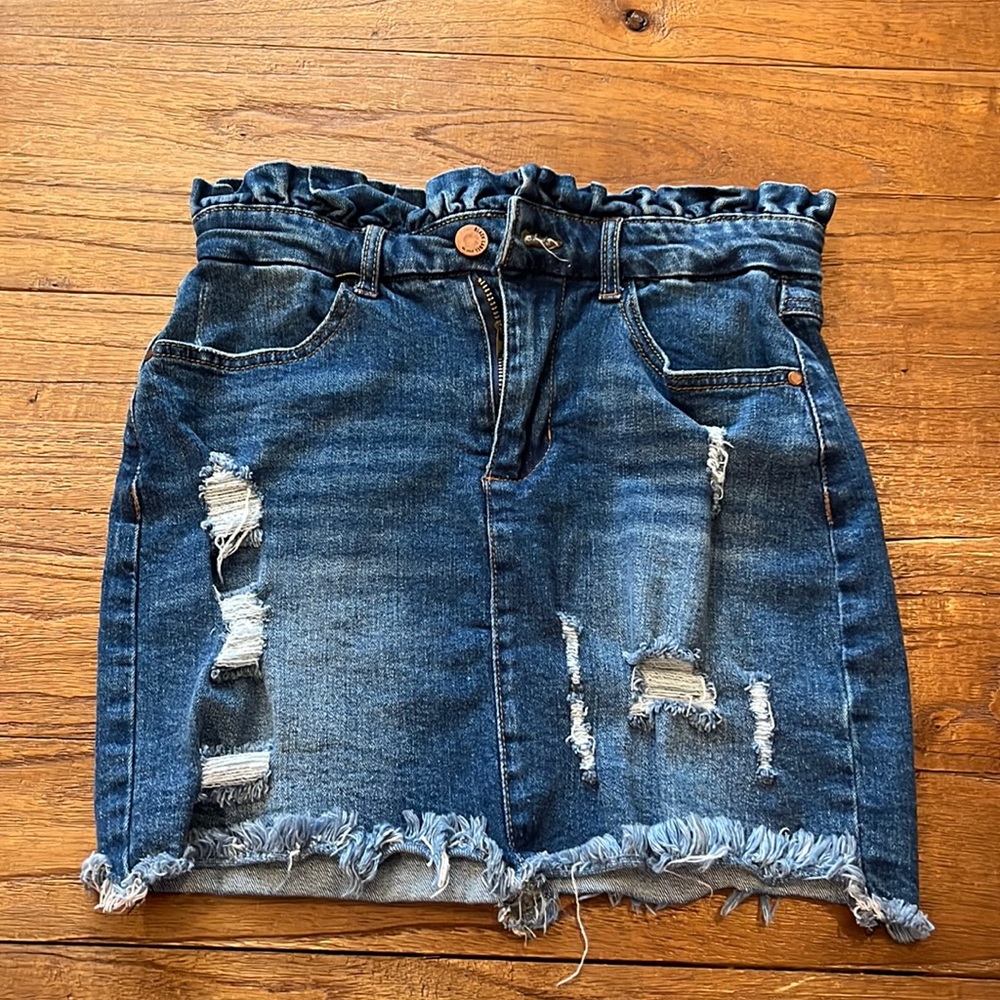 distressed jean skirt